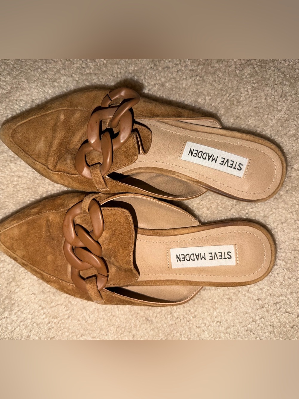 Steve Madden Tan Suede Pointed-Toe Mule Flats with Chain Accent